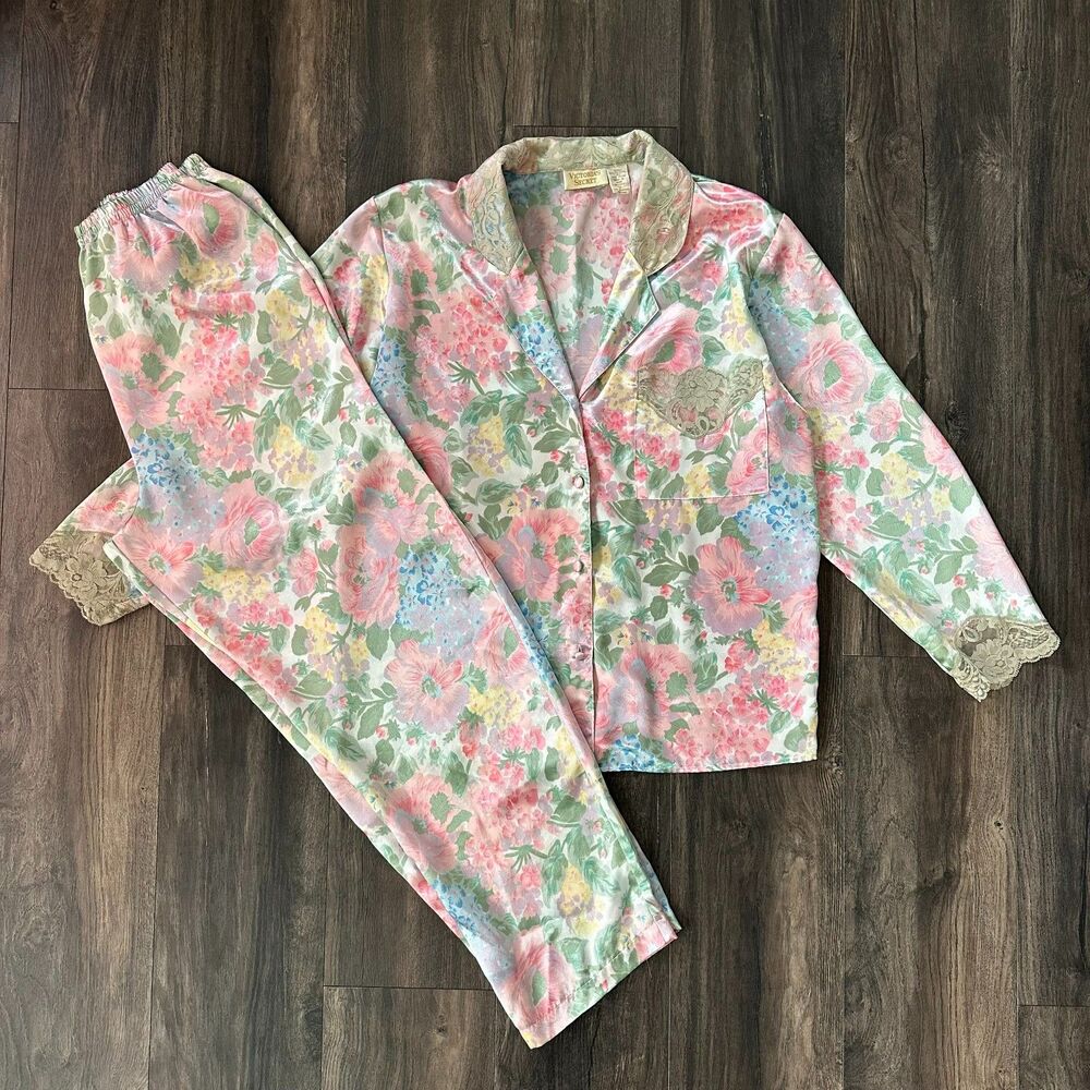 Vtg Victoria's Secret Gold Label Pajama Set Pastel Floral Satin Lace Size Small